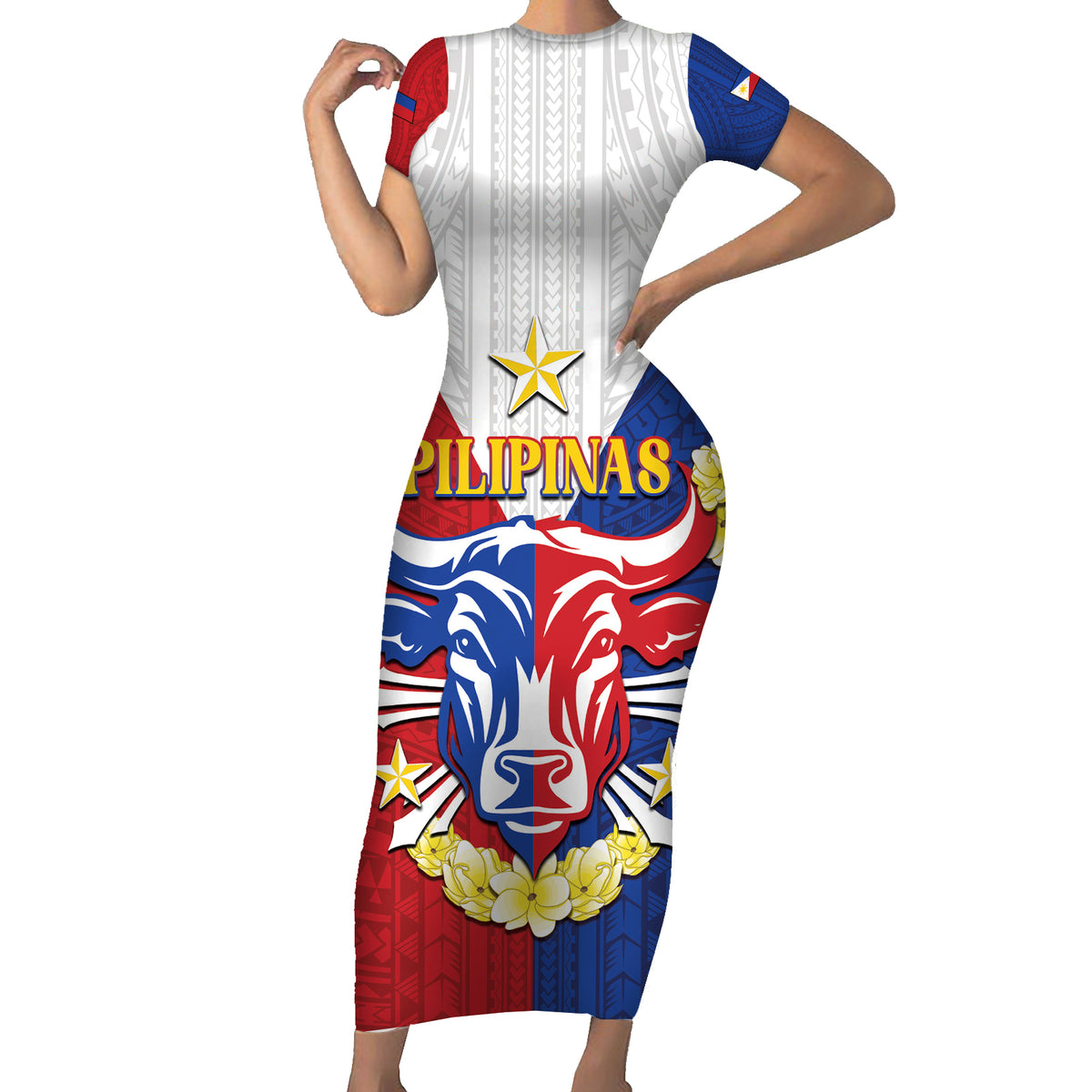 Personalised Philippines Independence Day Short Sleeve Bodycon Dress Maligayang Araw ng Kalayaan Filipino Carabao LT05 Long Dress Red - Polynesian Pride