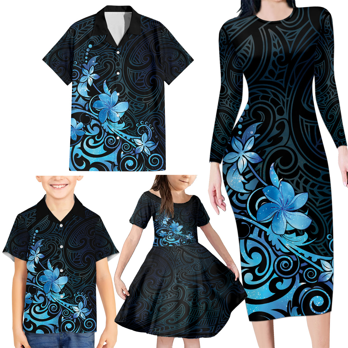 Matariki New Zealand Family Matching Long Sleeve Bodycon Dress and Hawaiian Shirt Maori Pattern Blue Galaxy LT05 - Polynesian Pride