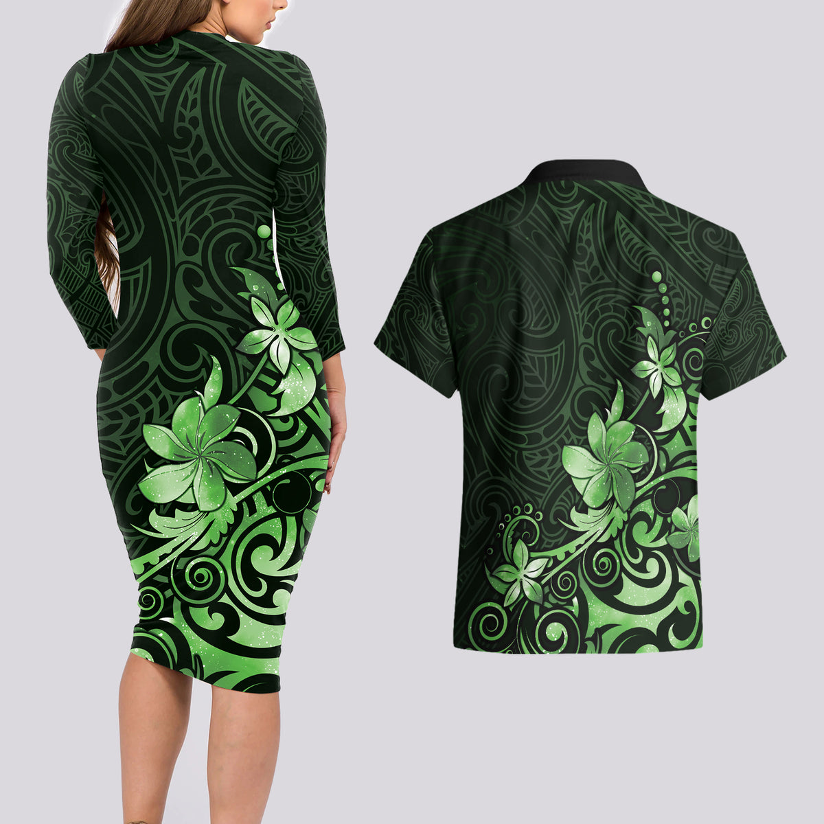 Matariki New Zealand Couples Matching Long Sleeve Bodycon Dress and Hawaiian Shirt Maori Pattern Green Galaxy