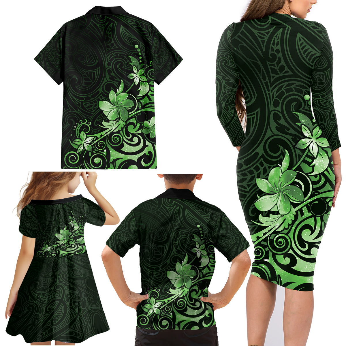 Matariki New Zealand Family Matching Long Sleeve Bodycon Dress and Hawaiian Shirt Maori Pattern Green Galaxy LT05 - Polynesian Pride