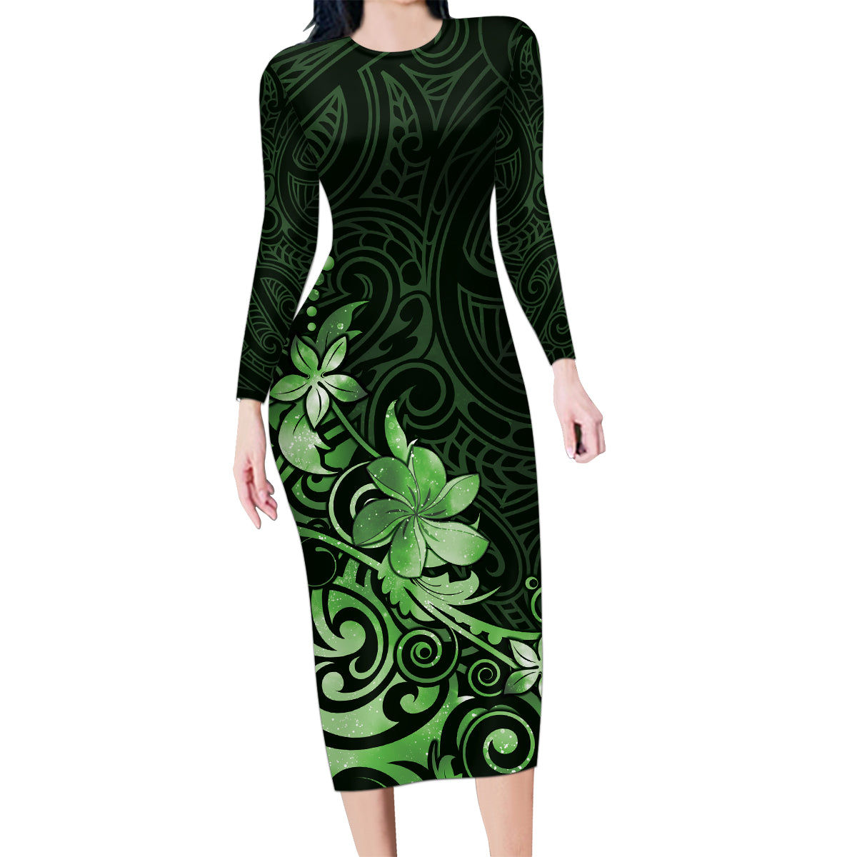 Matariki New Zealand Family Matching Long Sleeve Bodycon Dress and Hawaiian Shirt Maori Pattern Green Galaxy LT05 Mom's Dress Green - Polynesian Pride