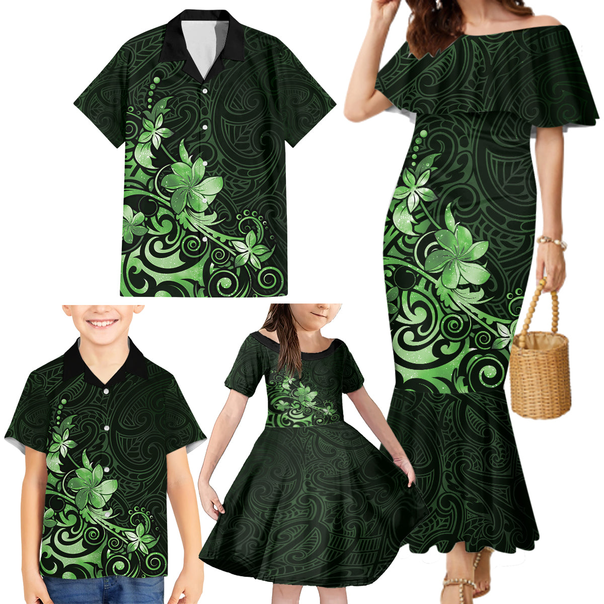Matariki New Zealand Family Matching Mermaid Dress and Hawaiian Shirt Maori Pattern Green Galaxy LT05 - Polynesian Pride