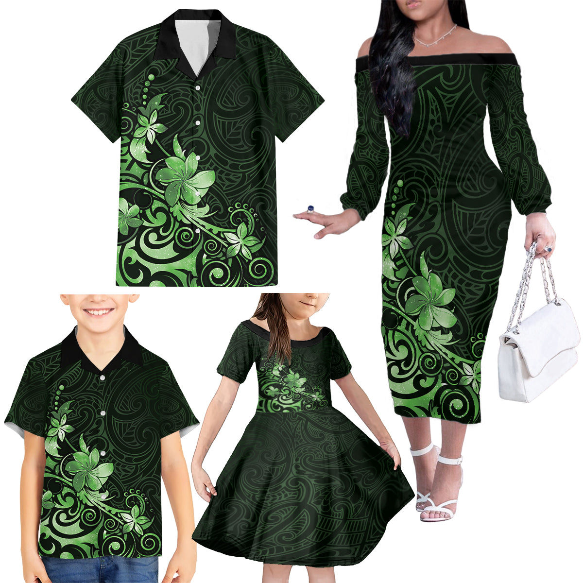 Matariki New Zealand Family Matching Off The Shoulder Long Sleeve Dress and Hawaiian Shirt Maori Pattern Green Galaxy LT05 - Polynesian Pride