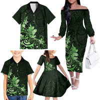 Matariki New Zealand Family Matching Off The Shoulder Long Sleeve Dress and Hawaiian Shirt Maori Pattern Green Galaxy LT05 - Polynesian Pride