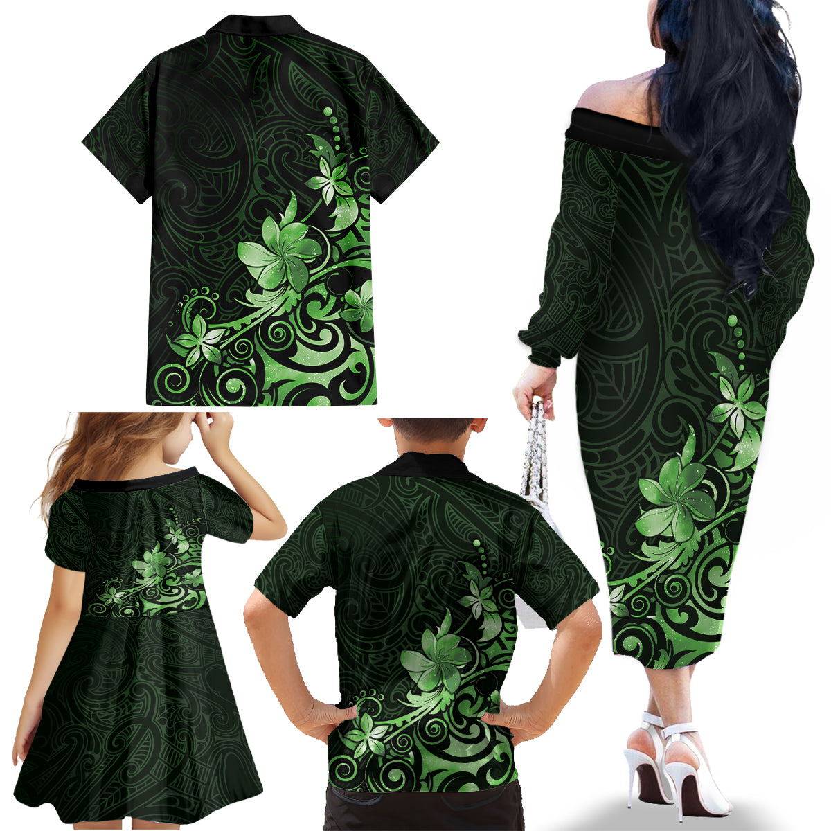 Matariki New Zealand Family Matching Off The Shoulder Long Sleeve Dress and Hawaiian Shirt Maori Pattern Green Galaxy LT05 - Polynesian Pride