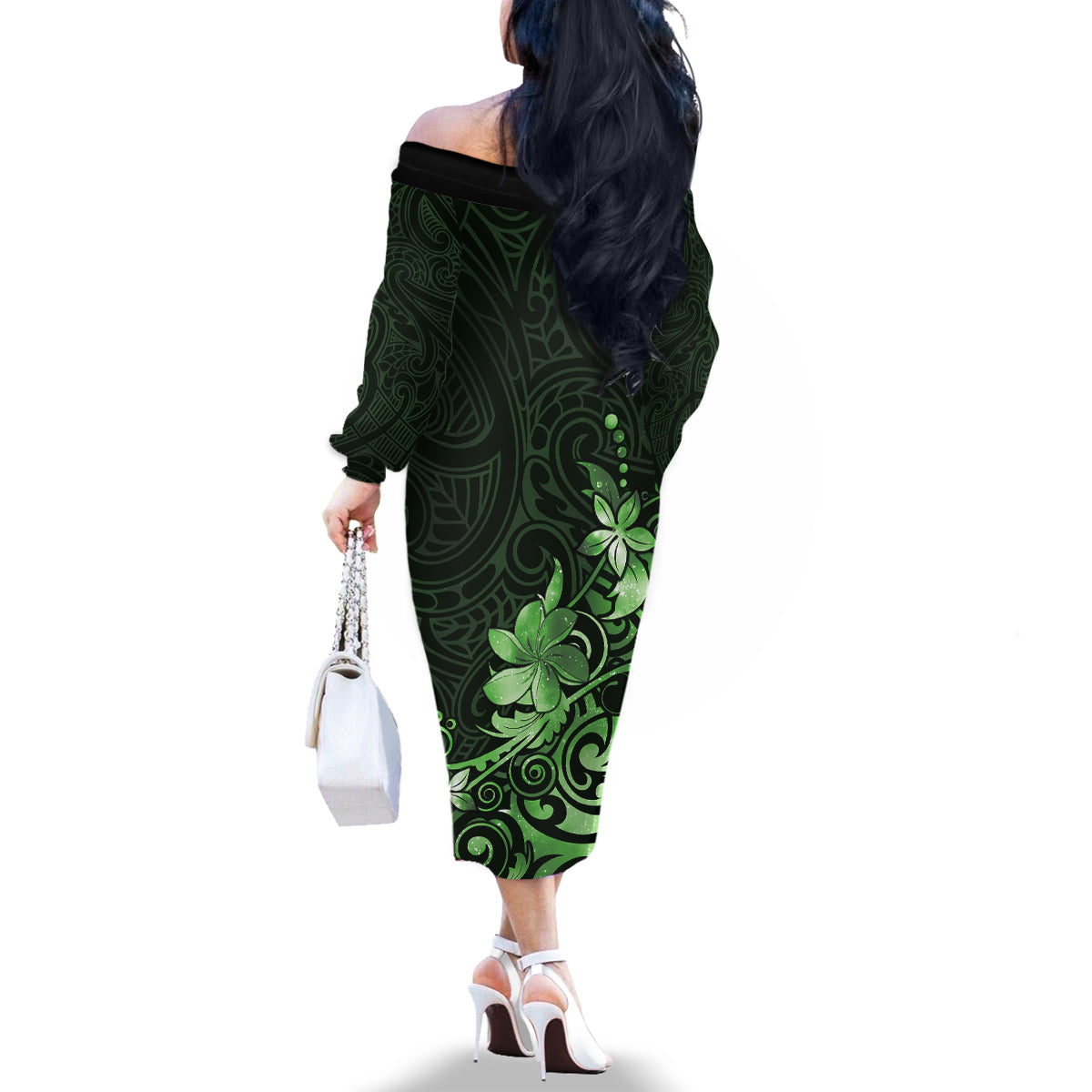 Matariki New Zealand Family Matching Off The Shoulder Long Sleeve Dress and Hawaiian Shirt Maori Pattern Green Galaxy LT05 - Polynesian Pride