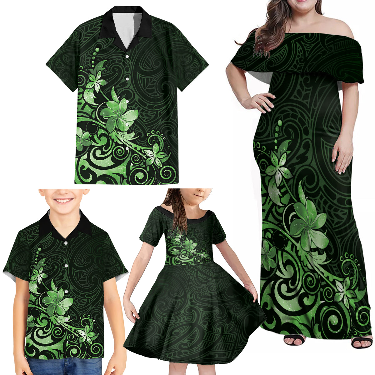 Matariki New Zealand Family Matching Off Shoulder Maxi Dress and Hawaiian Shirt Maori Pattern Green Galaxy LT05 - Polynesian Pride