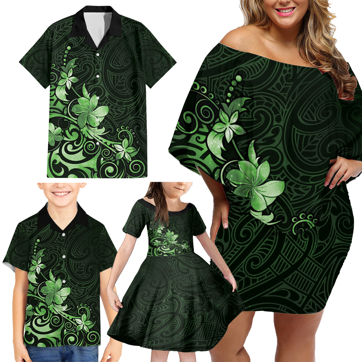 Matariki New Zealand Family Matching Off Shoulder Short Dress and Hawaiian Shirt Maori Pattern Green Galaxy LT05 - Polynesian Pride