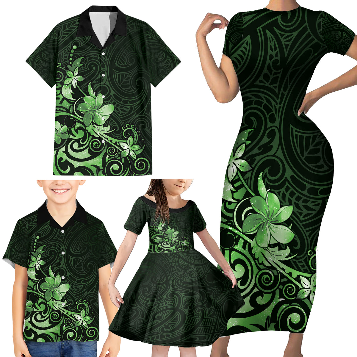 Matariki New Zealand Family Matching Short Sleeve Bodycon Dress and Hawaiian Shirt Maori Pattern Green Galaxy LT05 - Polynesian Pride