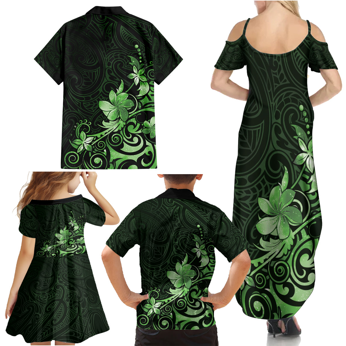 Matariki New Zealand Family Matching Summer Maxi Dress and Hawaiian Shirt Maori Pattern Green Galaxy LT05 - Polynesian Pride