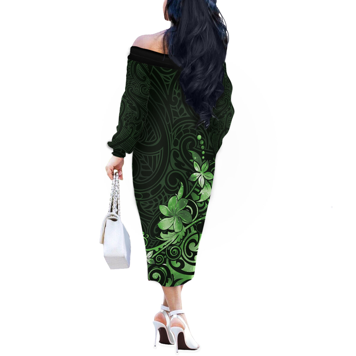 Matariki New Zealand Off The Shoulder Long Sleeve Dress Maori Pattern Green Galaxy