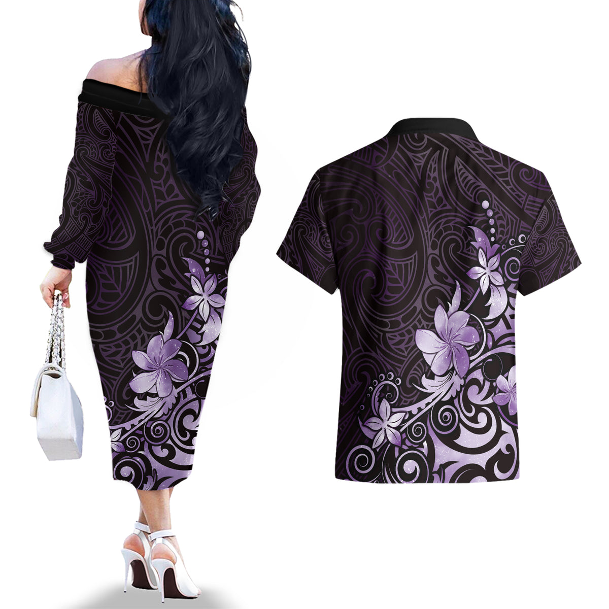 Matariki New Zealand Couples Matching Off The Shoulder Long Sleeve Dress and Hawaiian Shirt Maori Pattern Purple Galaxy LT05 - Polynesian Pride