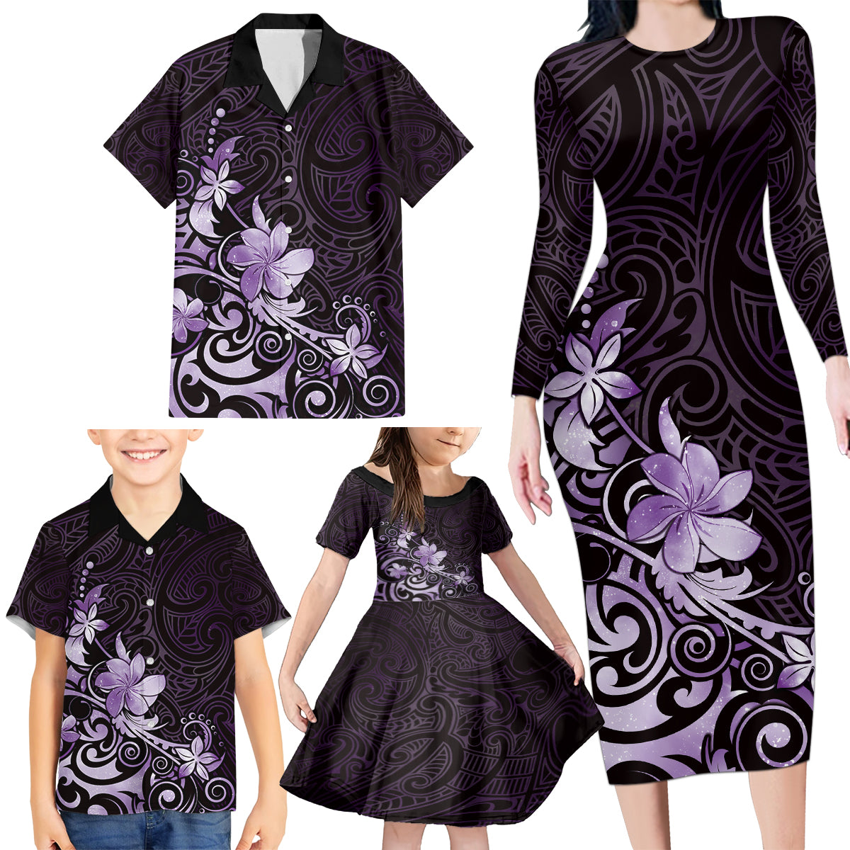 Matariki New Zealand Family Matching Long Sleeve Bodycon Dress and Hawaiian Shirt Maori Pattern Purple Galaxy LT05 - Polynesian Pride
