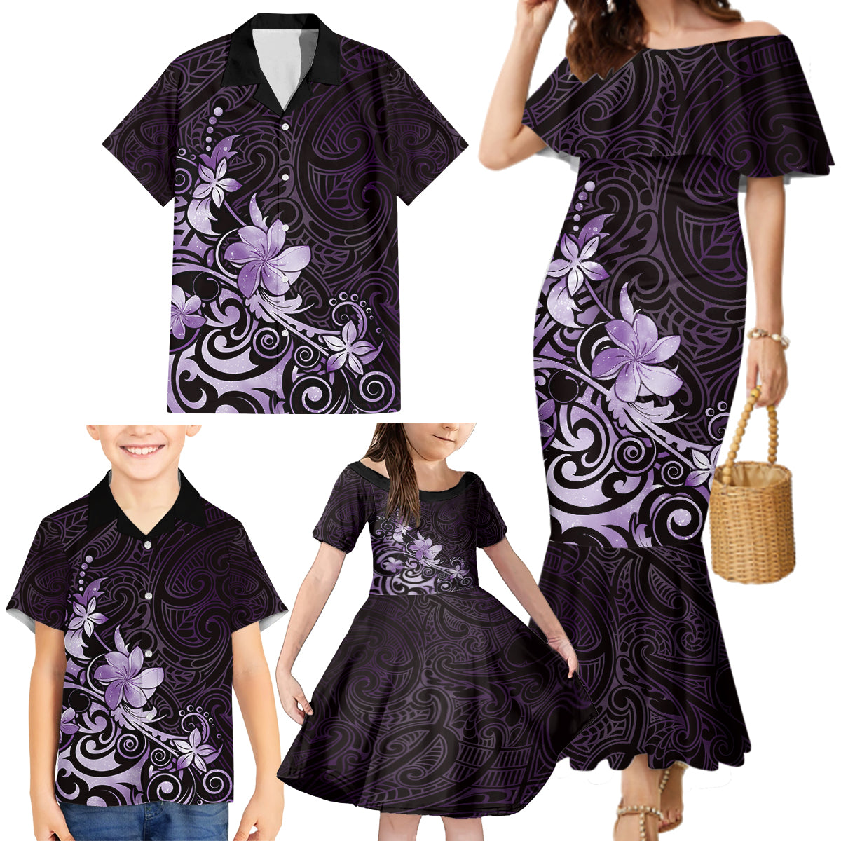 Matariki New Zealand Family Matching Mermaid Dress and Hawaiian Shirt Maori Pattern Purple Galaxy LT05 - Polynesian Pride