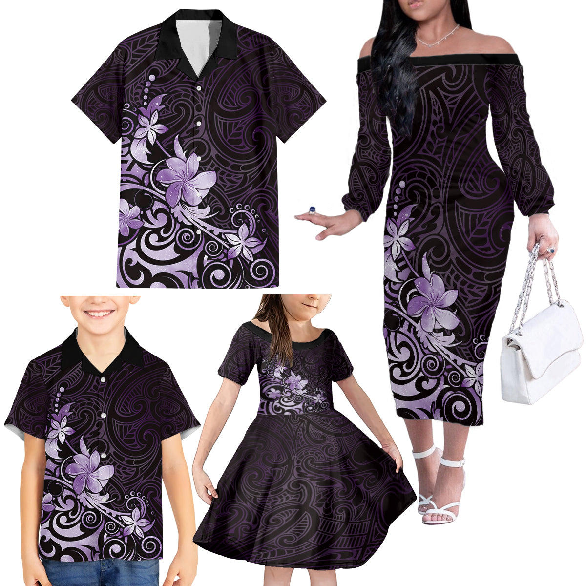 Matariki New Zealand Family Matching Off The Shoulder Long Sleeve Dress and Hawaiian Shirt Maori Pattern Purple Galaxy LT05 - Polynesian Pride
