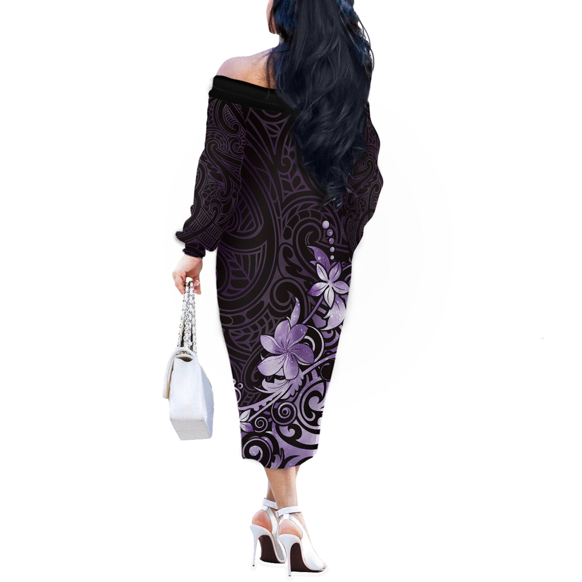 Matariki New Zealand Off The Shoulder Long Sleeve Dress Maori Pattern Purple Galaxy