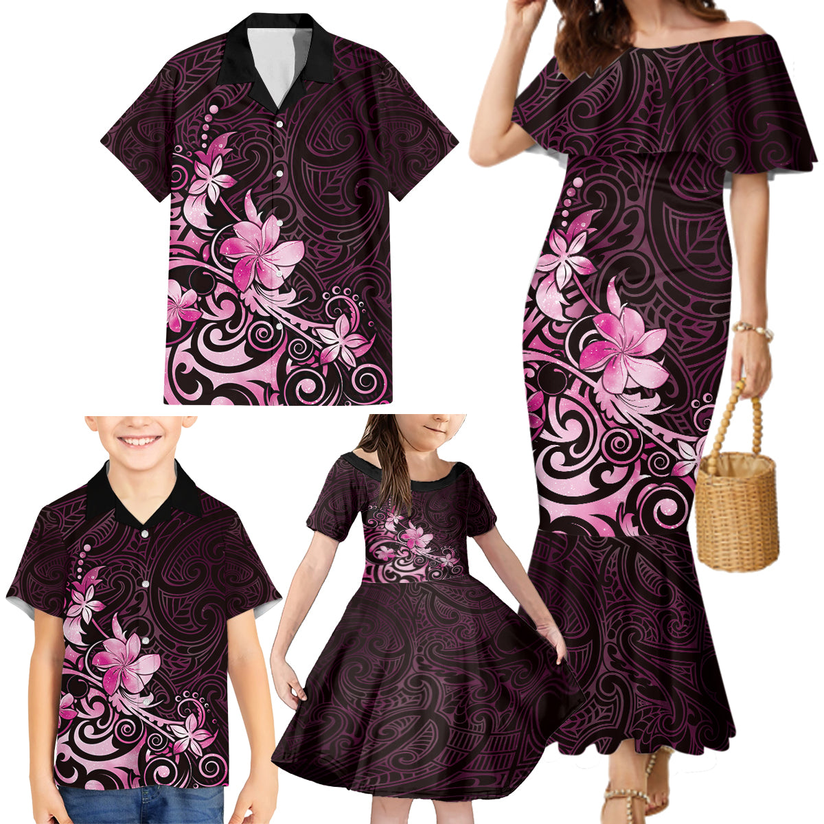 Matariki New Zealand Family Matching Mermaid Dress and Hawaiian Shirt Maori Pattern Pink Galaxy LT05 - Polynesian Pride