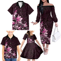 Matariki New Zealand Family Matching Off The Shoulder Long Sleeve Dress and Hawaiian Shirt Maori Pattern Pink Galaxy LT05 - Polynesian Pride