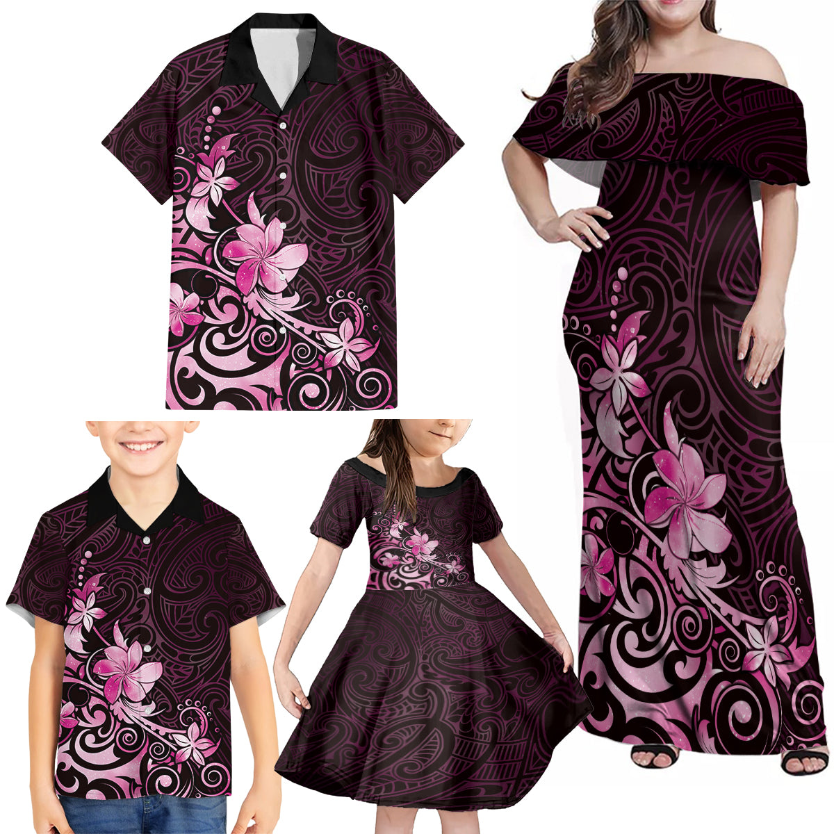 Matariki New Zealand Family Matching Off Shoulder Maxi Dress and Hawaiian Shirt Maori Pattern Pink Galaxy LT05 - Polynesian Pride