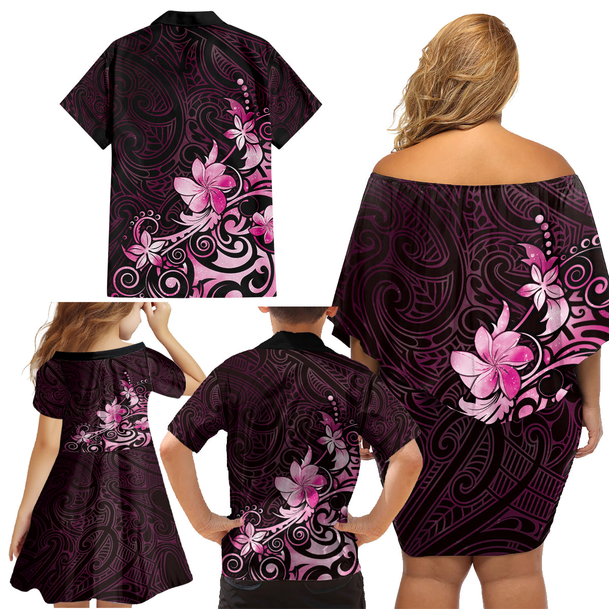 Matariki New Zealand Family Matching Off Shoulder Short Dress and Hawaiian Shirt Maori Pattern Pink Galaxy LT05 - Polynesian Pride