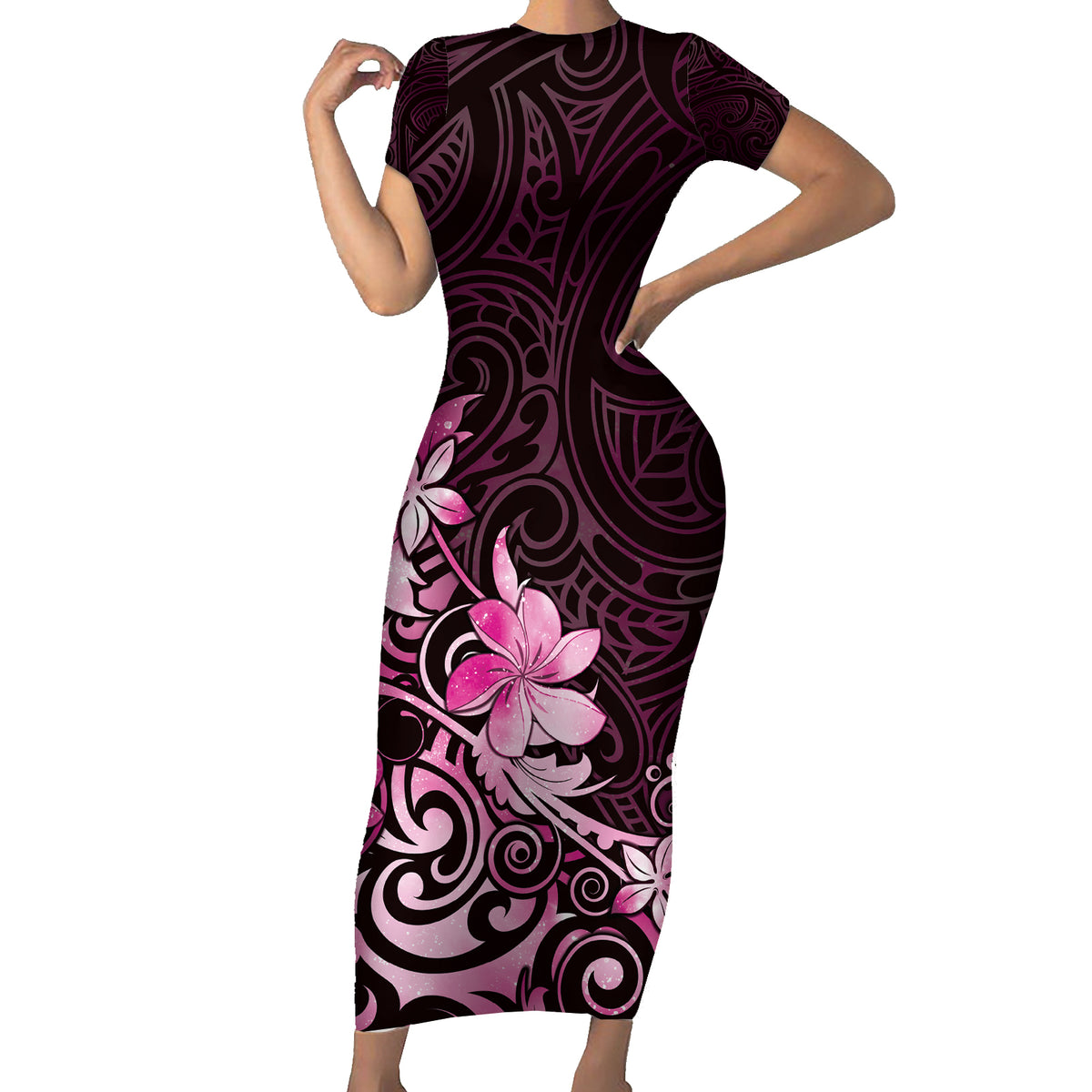 Matariki New Zealand Family Matching Short Sleeve Bodycon Dress and Hawaiian Shirt Maori Pattern Pink Galaxy LT05 Mom's Dress Pink - Polynesian Pride
