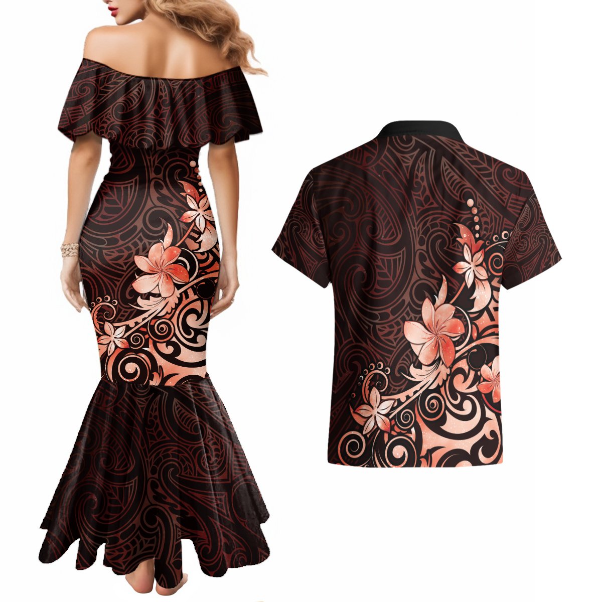 Matariki New Zealand Couples Matching Mermaid Dress and Hawaiian Shirt Maori Pattern Red Galaxy
