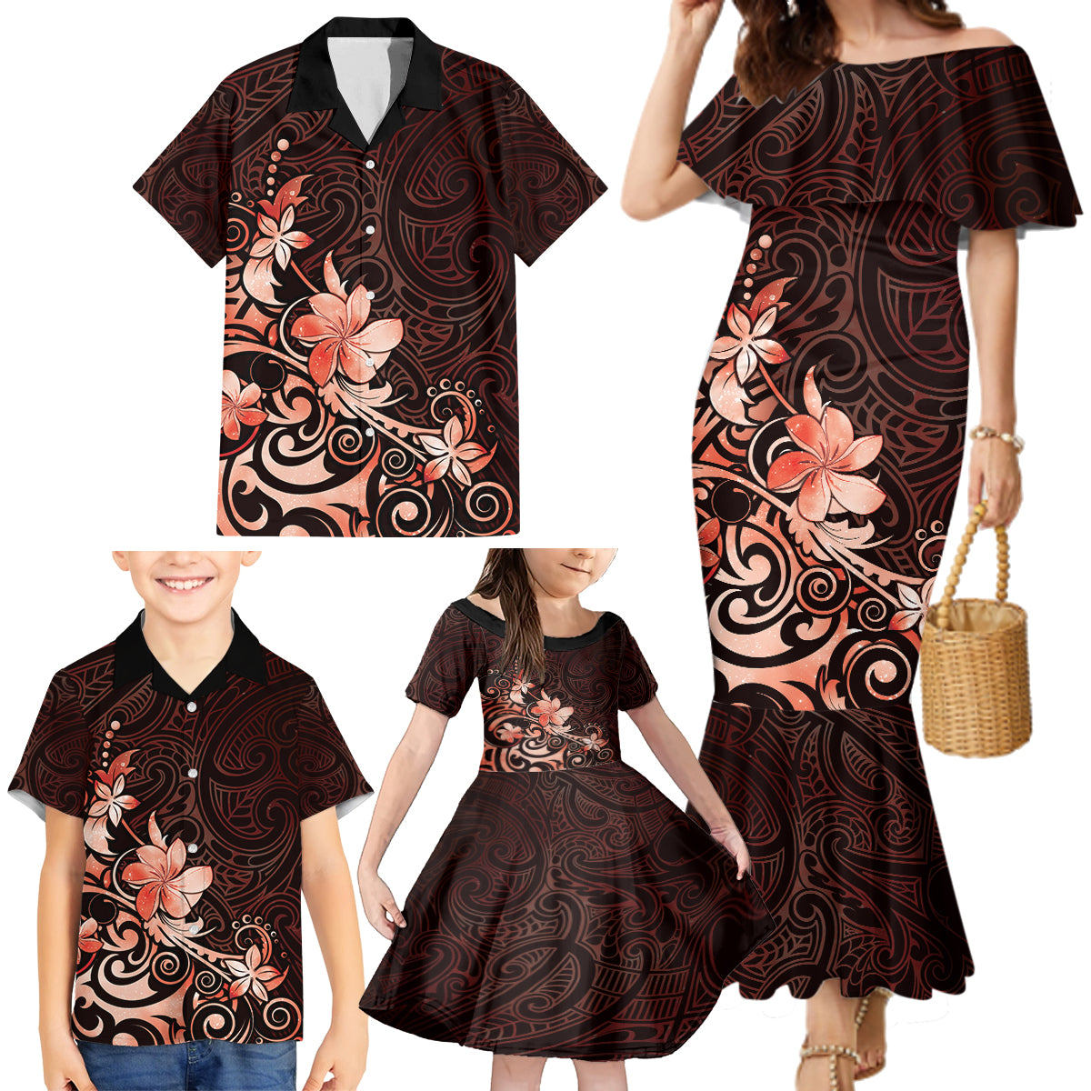 Matariki New Zealand Family Matching Mermaid Dress and Hawaiian Shirt Maori Pattern Red Galaxy LT05 - Polynesian Pride