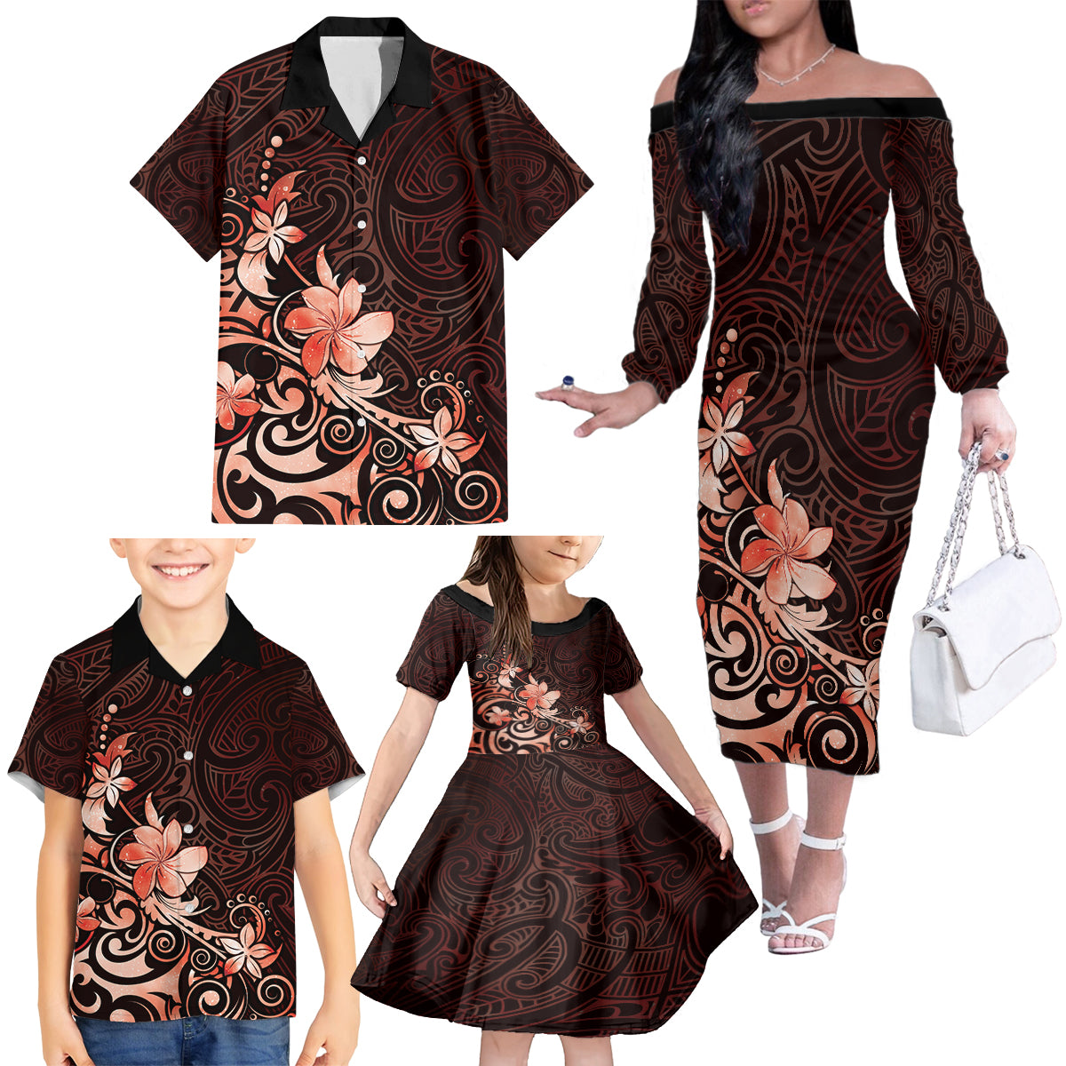 Matariki New Zealand Family Matching Off The Shoulder Long Sleeve Dress and Hawaiian Shirt Maori Pattern Red Galaxy LT05 - Polynesian Pride