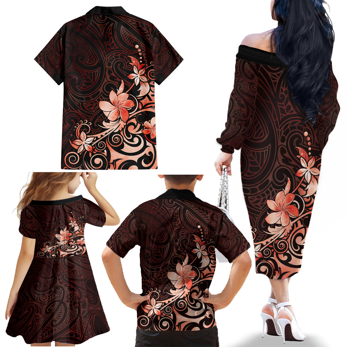Matariki New Zealand Family Matching Off The Shoulder Long Sleeve Dress and Hawaiian Shirt Maori Pattern Red Galaxy LT05 - Polynesian Pride