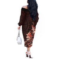 Matariki New Zealand Off The Shoulder Long Sleeve Dress Maori Pattern Red Galaxy LT05 - Polynesian Pride