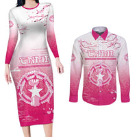 Personalized Sakura Marianas Couples Matching Long Sleeve Bodycon Dress and Long Sleeve Button Shirt CNMI Seal LT05 Pink - Polynesian Pride