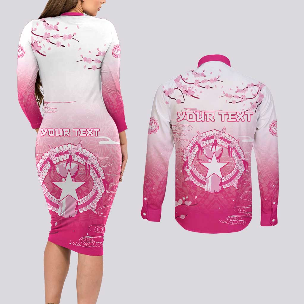 Personalized Sakura Marianas Couples Matching Long Sleeve Bodycon Dress and Long Sleeve Button Shirt CNMI Seal LT05 - Polynesian Pride