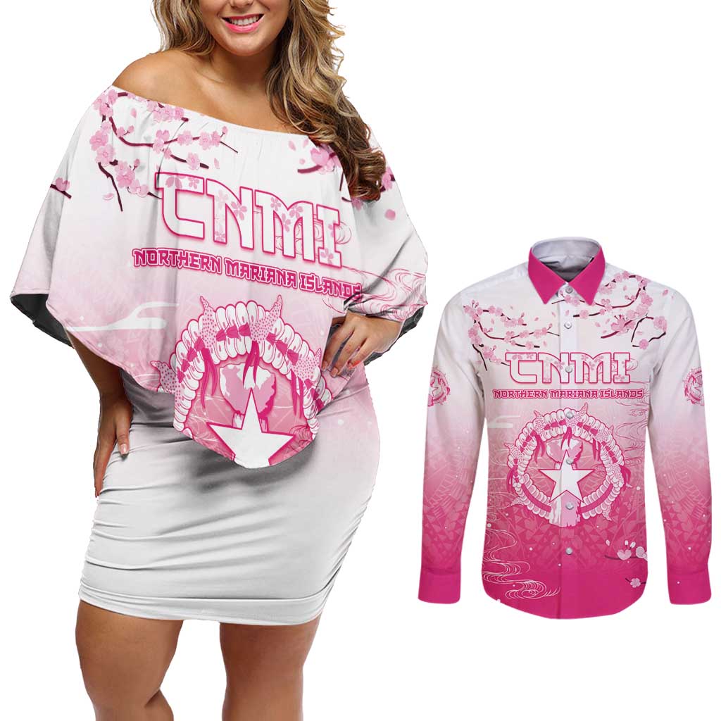 Personalized Sakura Marianas Couples Matching Off Shoulder Short Dress and Long Sleeve Button Shirt CNMI Seal