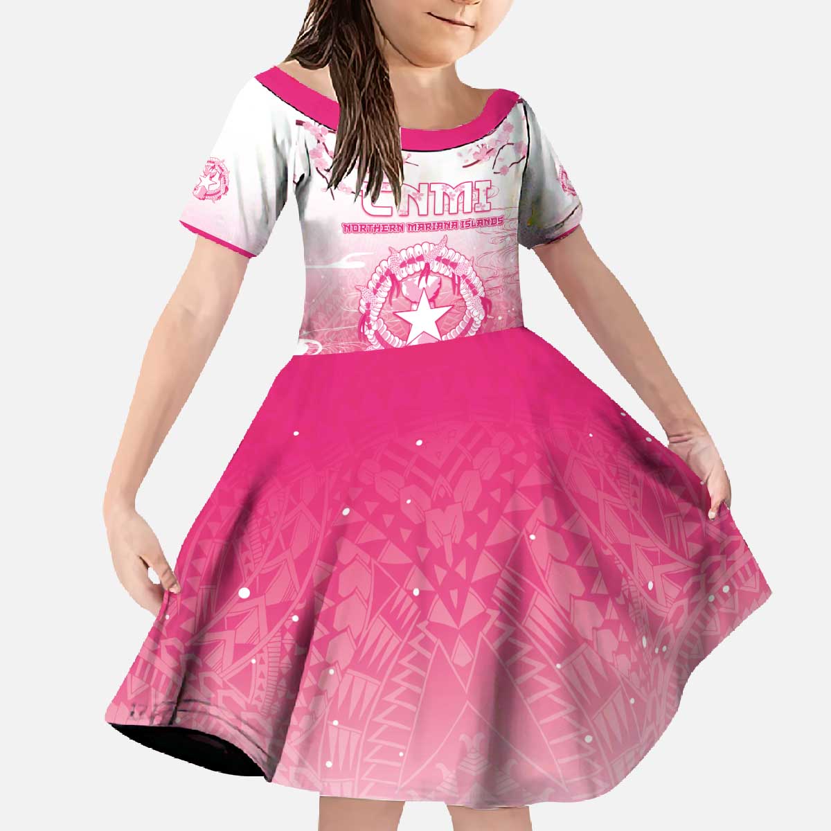 Personalized Sakura Marianas Family Matching Off The Shoulder Long Sleeve Dress and Hawaiian Shirt CNMI Seal