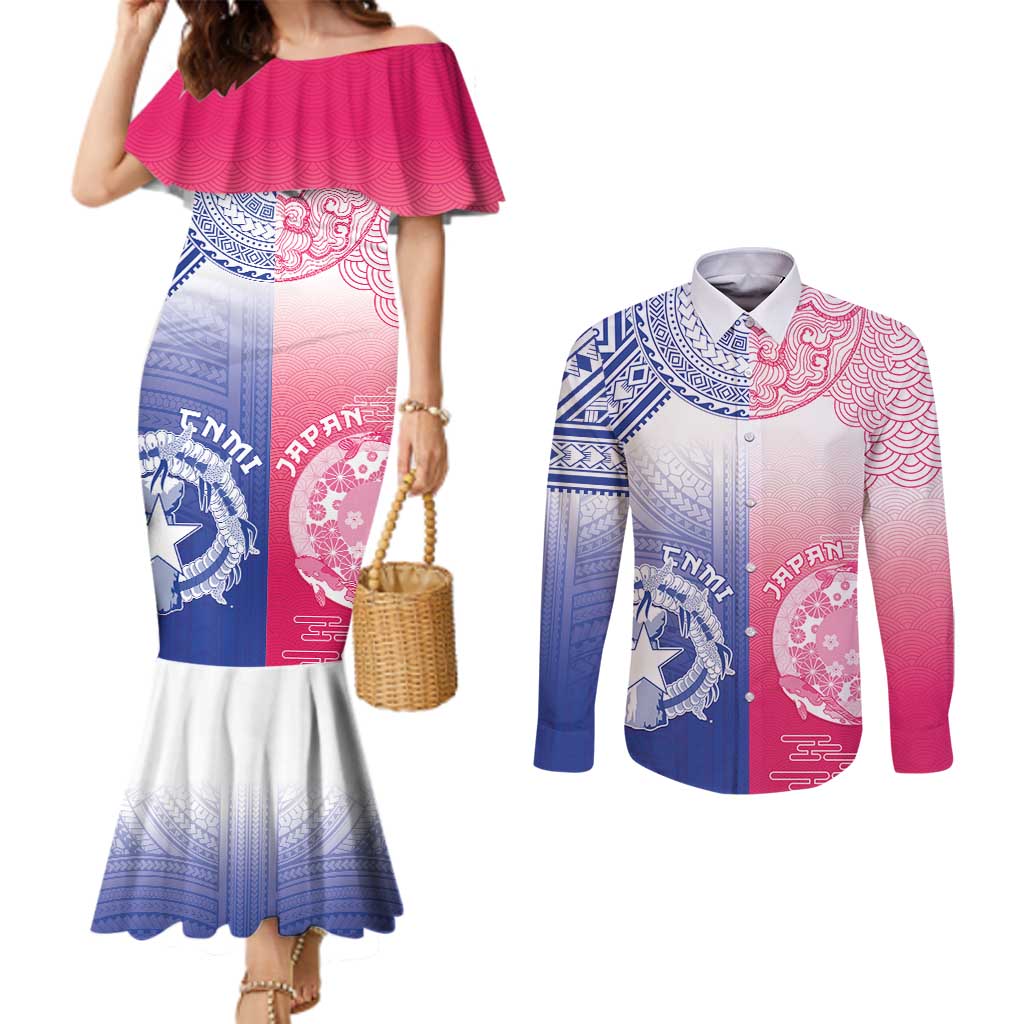 Custom Northern Mariana Islands And Japan Together Couples Matching Mermaid Dress and Long Sleeve Button Shirt