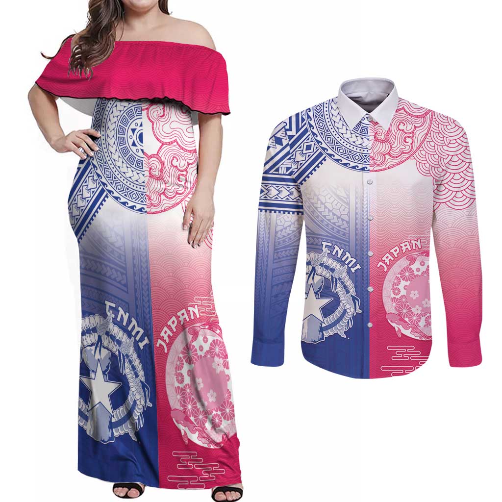Custom Northern Mariana Islands And Japan Together Couples Matching Off Shoulder Maxi Dress and Long Sleeve Button Shirt LT05 White - Polynesian Pride