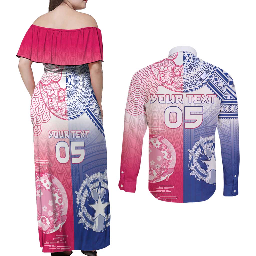 Custom Northern Mariana Islands And Japan Together Couples Matching Off Shoulder Maxi Dress and Long Sleeve Button Shirt LT05 - Polynesian Pride