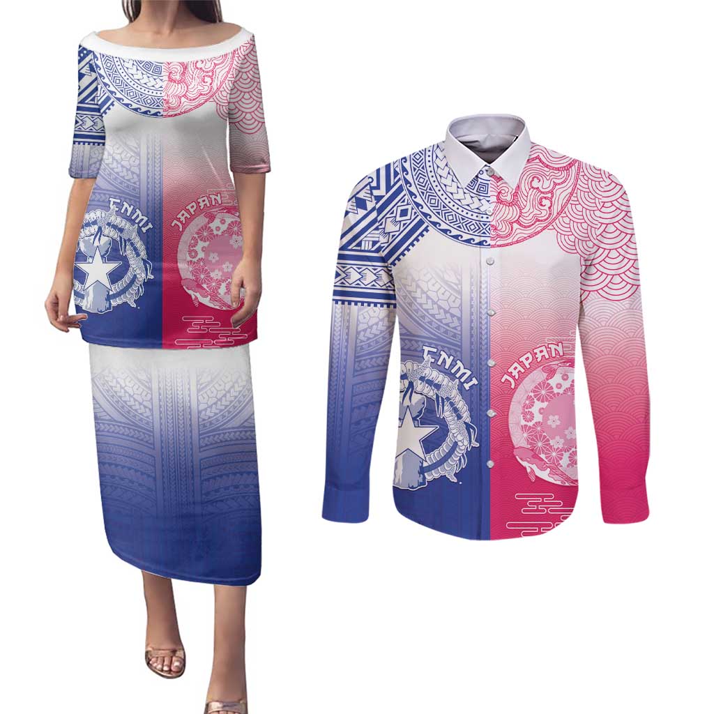 Custom Northern Mariana Islands And Japan Together Couples Matching Puletasi and Long Sleeve Button Shirt LT05 White - Polynesian Pride