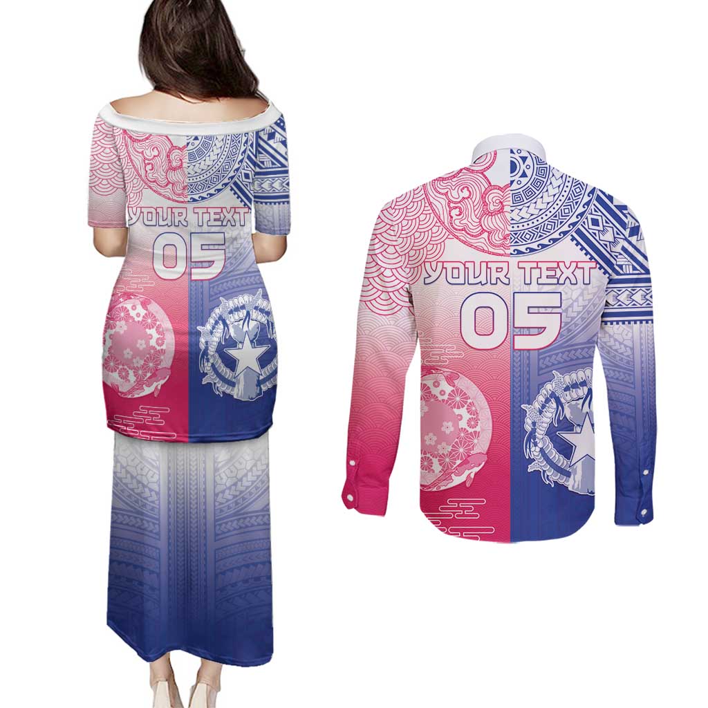 Custom Northern Mariana Islands And Japan Together Couples Matching Puletasi and Long Sleeve Button Shirt LT05 - Polynesian Pride