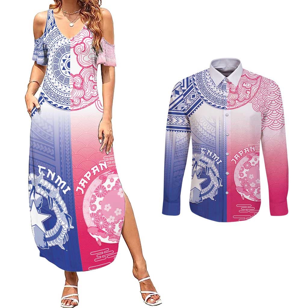 Custom Northern Mariana Islands And Japan Together Couples Matching Summer Maxi Dress and Long Sleeve Button Shirt