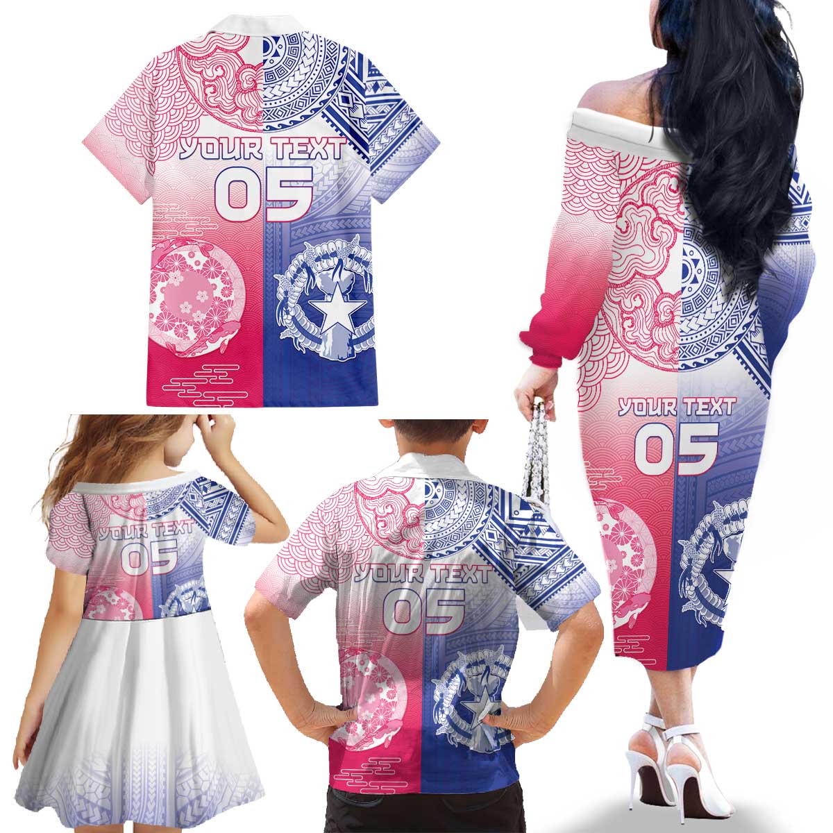 Custom Northern Mariana Islands And Japan Together Family Matching Off The Shoulder Long Sleeve Dress and Hawaiian Shirt LT05 - Polynesian Pride