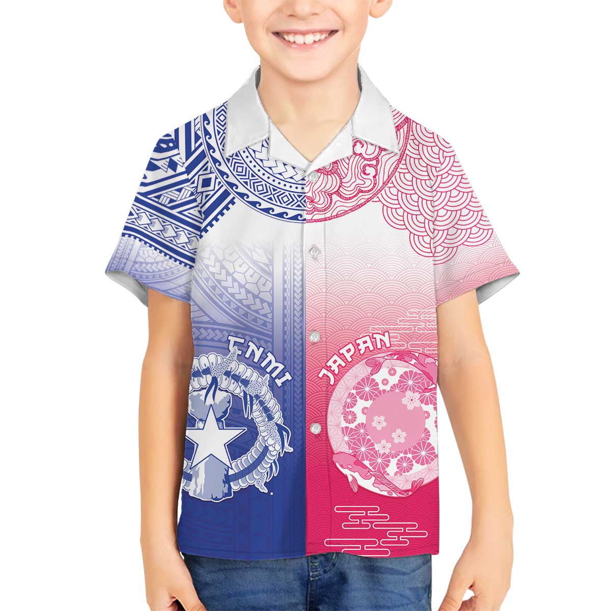 Custom Northern Mariana Islands And Japan Together Family Matching Off The Shoulder Long Sleeve Dress and Hawaiian Shirt LT05 Son's Shirt White - Polynesian Pride