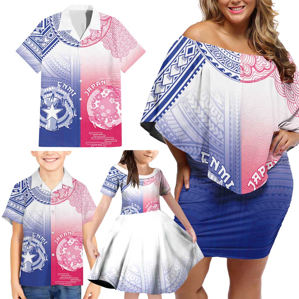 Custom Northern Mariana Islands And Japan Together Family Matching Off Shoulder Short Dress and Hawaiian Shirt LT05 - Polynesian Pride