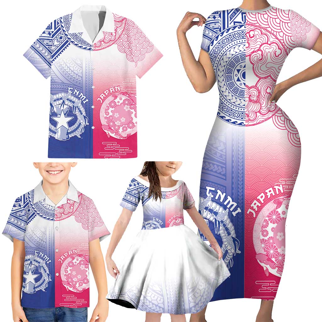 Custom Northern Mariana Islands And Japan Together Family Matching Short Sleeve Bodycon Dress and Hawaiian Shirt LT05 - Polynesian Pride