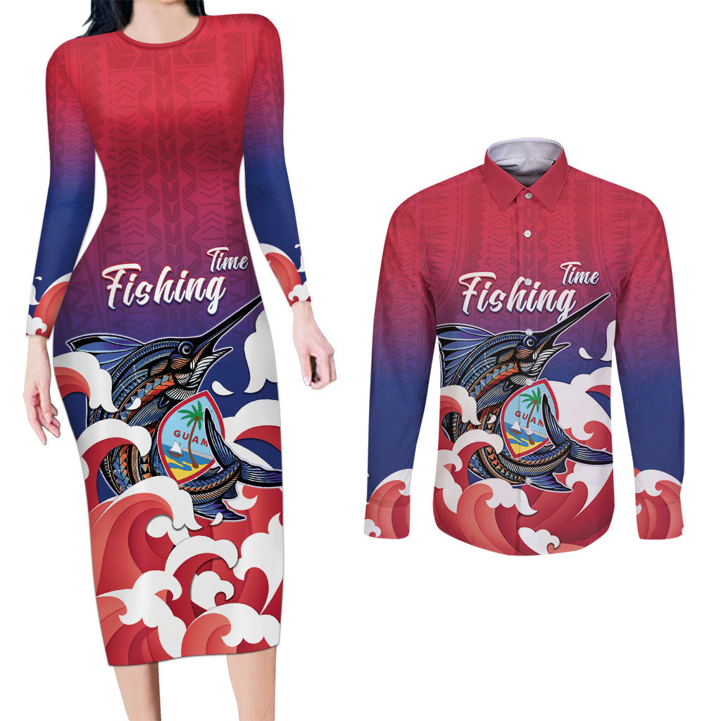 Guam Blue Marlin Fishing Couples Matching Long Sleeve Bodycon Dress and Long Sleeve Button Shirt Polynesian Style