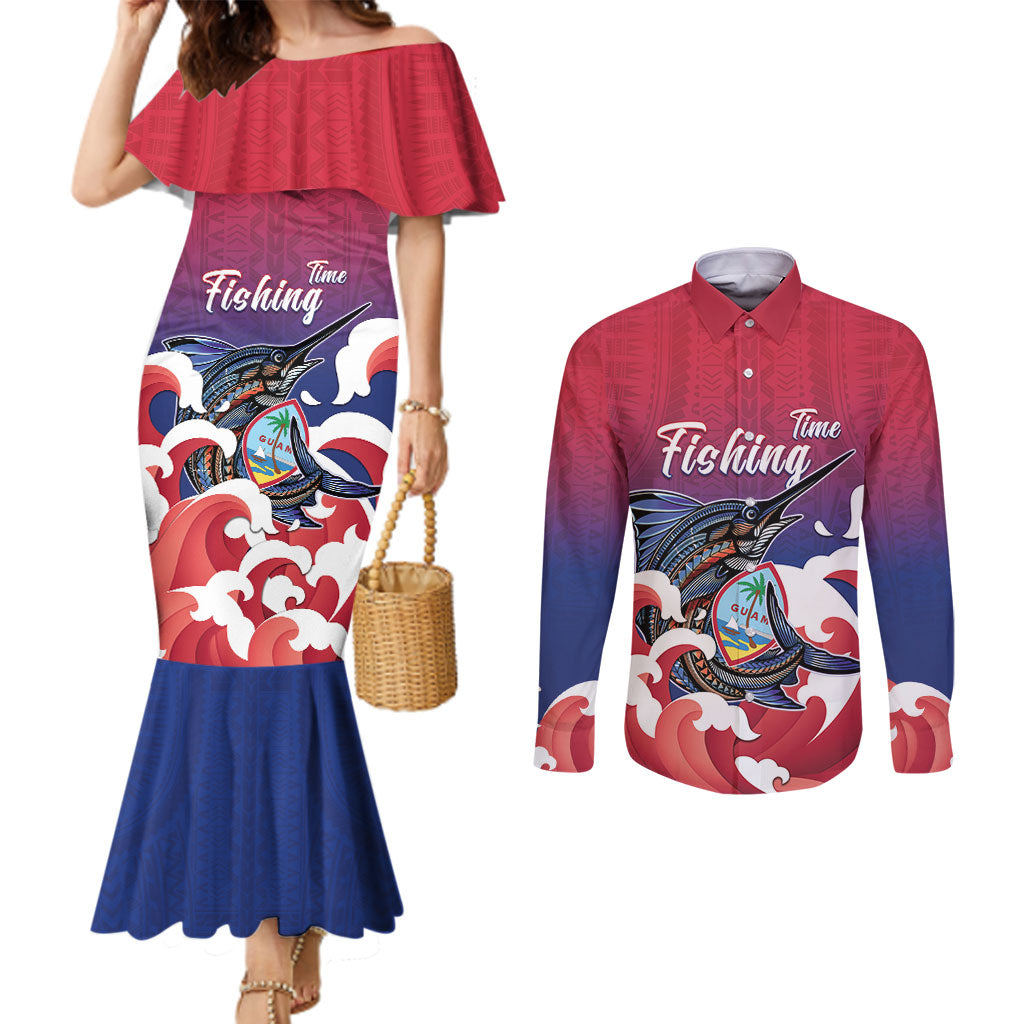 Guam Blue Marlin Fishing Couples Matching Mermaid Dress and Long Sleeve Button Shirt Polynesian Style