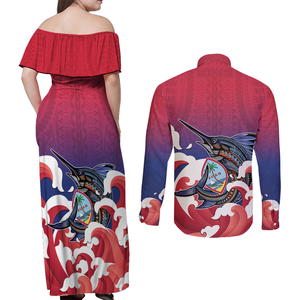 Guam Blue Marlin Fishing Couples Matching Off Shoulder Maxi Dress and Long Sleeve Button Shirt Polynesian Style