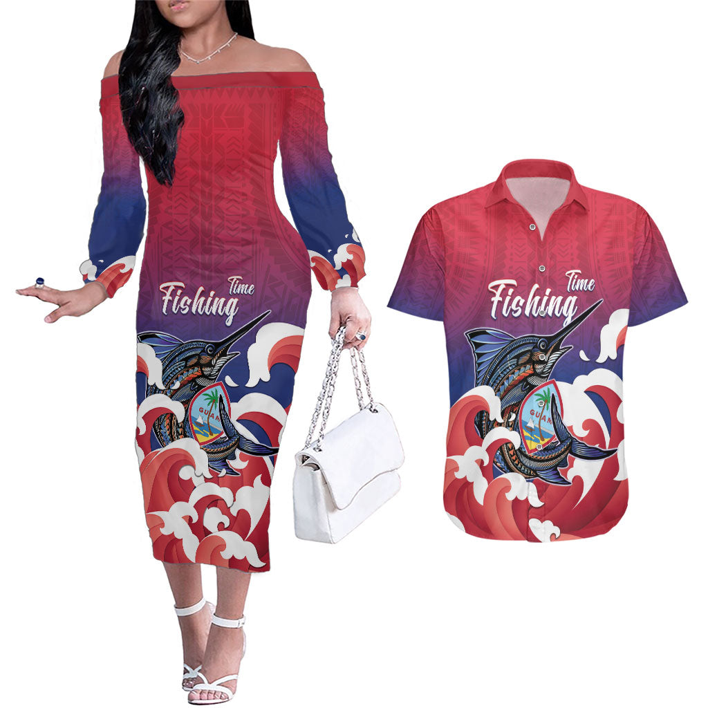 Guam Blue Marlin Fishing Couples Matching Off The Shoulder Long Sleeve Dress and Hawaiian Shirt Polynesian Style