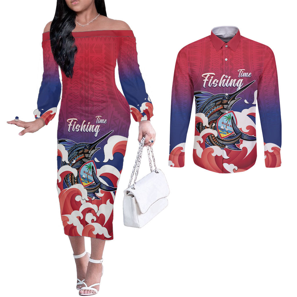 Guam Blue Marlin Fishing Couples Matching Off The Shoulder Long Sleeve Dress and Long Sleeve Button Shirt Polynesian Style