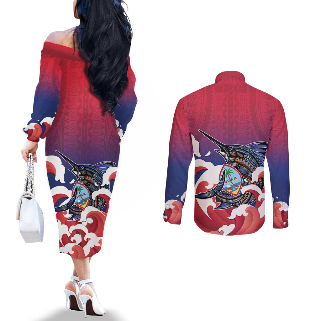Guam Blue Marlin Fishing Couples Matching Off The Shoulder Long Sleeve Dress and Long Sleeve Button Shirt Polynesian Style
